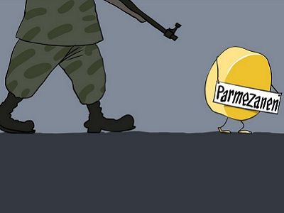 Расстрел пармезана. Карикатура Сергея Ёлкина, источник - https://twitter.com/Sergey_Elkin/status/628132989562699776